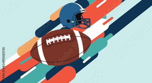 Dynamic vector illustration of an American football helmet and ball with colorful abstract shapes, symbolizing competition, sport, and athletic energy.