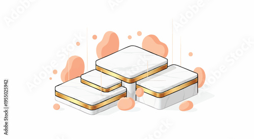 Three white mattresses with yellow and gray trim stacked in a pyramid shape against a white background with orange abstract shapes.