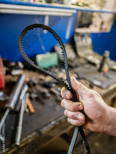 Old worn rubber alternator belt in men's hands. The concept of car maintenance. Copy space