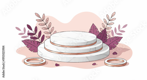 Illustration of a white marble podium with gold accents surrounded by purple leaves and flowers on a pink background with a minimalist aesthetic.