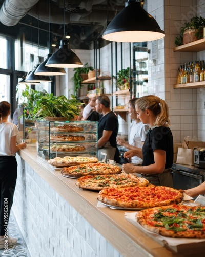 Pizzeria counter with display of fresh pizzas, glass case, customers ordering