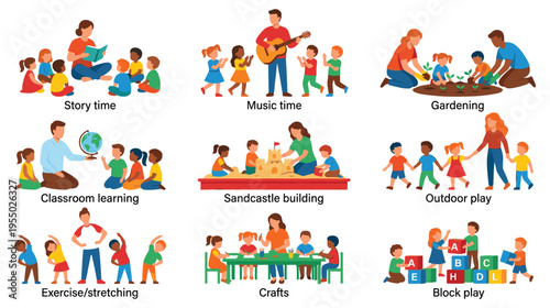 Children activities set story time music gardening outdoor play