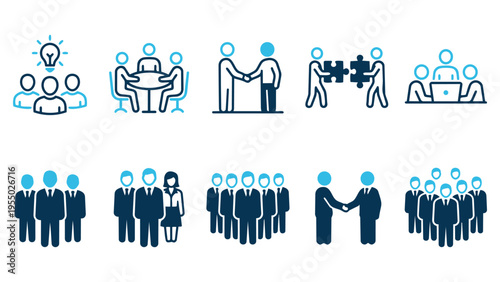 Business Teamwork and Collaboration Icon Set in Blue and Navy