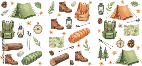 Camping Adventure Equipment Collection Featuring Tents Backpack Boots Lantern Compass and Outdoor Survival Gear Vector Illustration Set