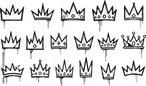 Collection of 15 hand drawn crown icons with grunge texture and dripping paint effect for graphic design and elements with black and white
