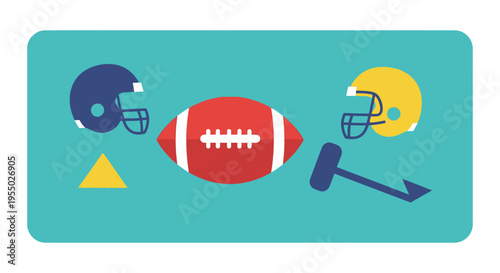 American football game concept with helmets, ball, and field elements on a turquoise background