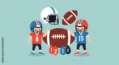 Adorable cartoon illustration of two young American football players in uniforms with helmets and balls, symbolizing youth sports, competition, and healthy activity.