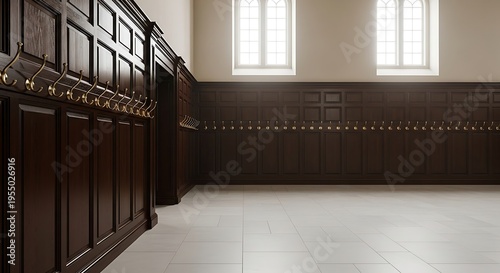 Empty vintage cloakroom with dark wood paneling and brass coat hooks
