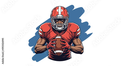 Dynamic illustration of an American football player in red uniform and helmet, confidently holding the ball, ready for action on the field. Vector art for sports themes.