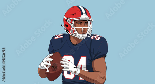 Dynamic illustration of an American football player in a red helmet and blue jersey holding a football, ready for action on the field.