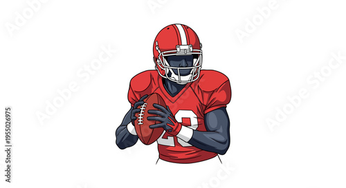 American Football Player in Red Uniform Holding Ball Isolated on White Background. Dynamic Vector Illustration of an Athlete Ready for Play and Sports.