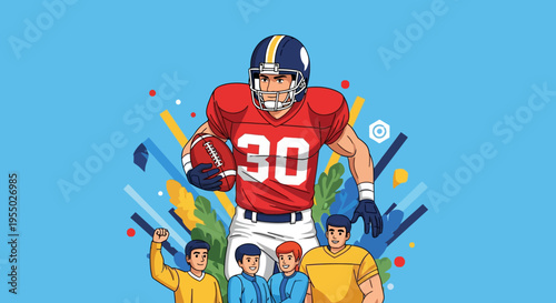 American football player in uniform with number 30, surrounded by cheering fans on a vibrant blue background with abstract shapes.
