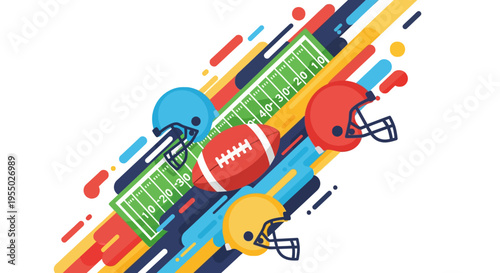 Vibrant American Football Game Illustration featuring Helmets, Ball, and Field on a Dynamic Background. Perfect for Sports Events and Competition Design.
