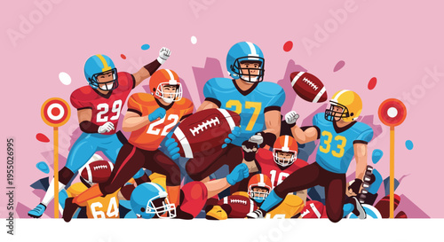 Dynamic illustration of American football players in action, tackling and running with the ball during a competitive game, celebrating victory and teamwork.