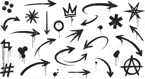 Set of diverse grunge arrows, symbols and graffiti elements, black and white icons, hand drawn
