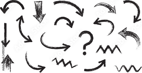 Collection of hand-drawn grunge arrows and symbols with wavy lines and question mark with black and white