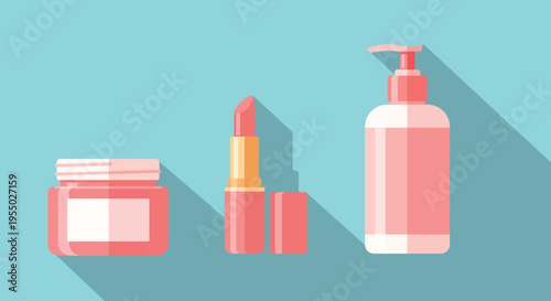 Flat Minimal Skincare and Cosmetics Set Illustration with Cream Jar Lipstick and Pump Bottle on Pastel Background