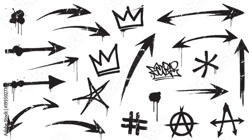 Collection of graffiti arrows, crowns, stars, and abstract symbols for urban design, street art