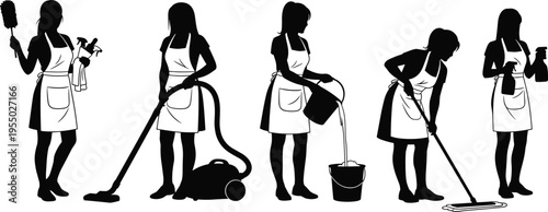 Cleaning service worker silhouettes set with women performing housekeeping tasks, vacuuming, mopping and wiping, professional janitor concept for home cleaning, maintenance and hygiene services