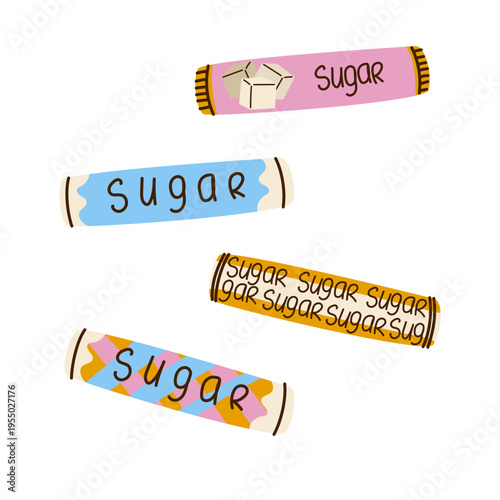 Sugar stick vector set. Colorful single-serve sweeteners for cafe, restaurant catering, and morning beverage branding flat illustration.