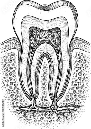 Vintage Anatomical Illustration of Tooth Cross Section Engraving Style