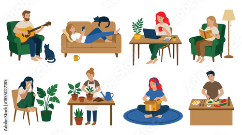 People enjoying various indoor hobbies and home activities collection