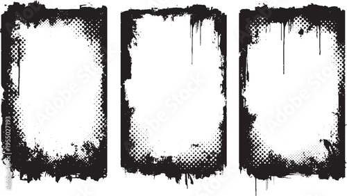 Grungy distressed black ink frames with a distressed texture and drips, set of three isolated graphic design elements, brush stroke