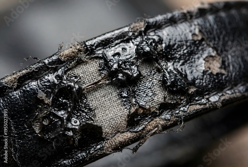 Macro close-up of hydrolyzed and melting black faux leather on a strap