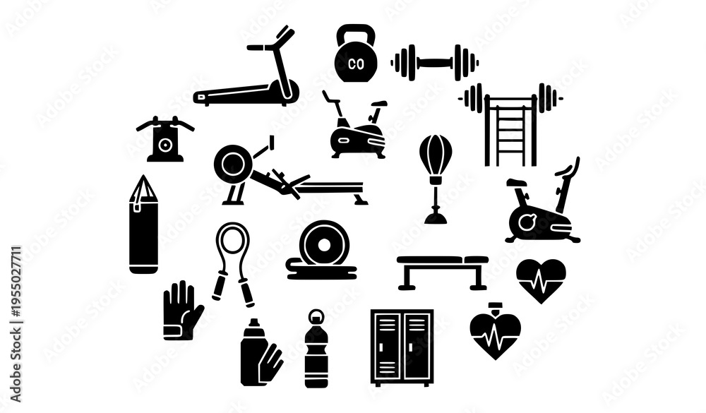 Fototapeta premium Bold glyph gym equipment icons set solid fitness symbols collection for branding and logo design