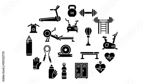 Bold glyph gym equipment icons set solid fitness symbols collection for branding and logo design