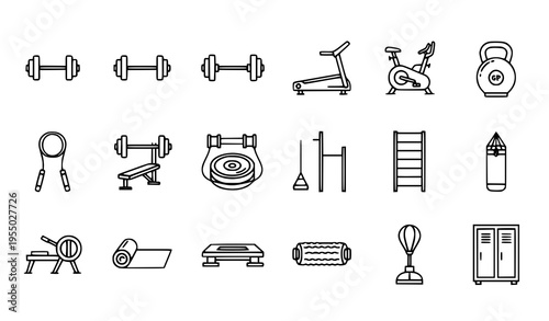 Modern gym equipment icon set in flat style fitness symbols collection for apps and web design