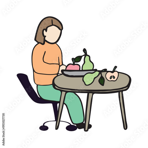 Woman sitting at table with fruits minimalist flat vector illustration