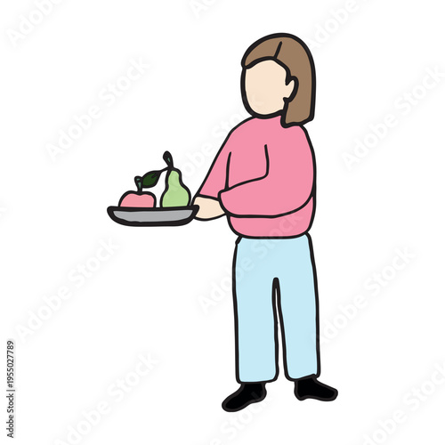 Woman holding plate with fruits simple flat vector illustration