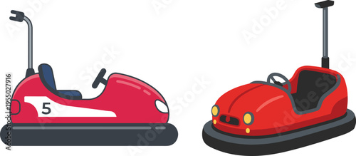 Set of two red bumper cars in side and front views, cartoon style amusement ride vehicles isolated on a white background.