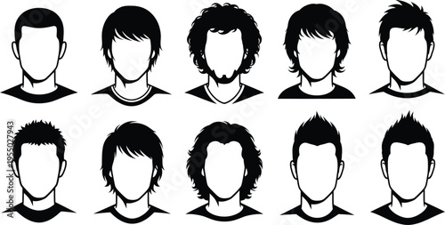 set of diverse male hairstyles in black and white minimalist portrait line art