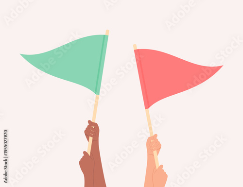 Hands of people of different skin tones holding green and red flags, flat vector illustration