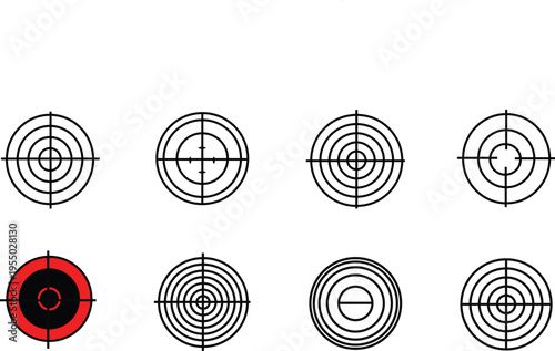 Eight different circular target designs with crosshairs and concentric rings, one highlighted in red and black.