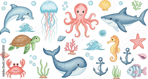 Cute ocean animals vector collection featuring dolphin shark whale octopus turtle crab jellyfish seahorse and marine elements illustration set