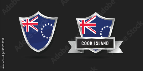 Cook Islands Flag Shield Badge Icon with Silver Ribbon and Metallic Border