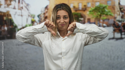 Woman showing thumbs down with hands and a shrugged face on a street with buildings; disapproval critique.