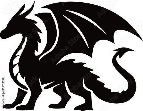 Detailed dragon silhouette in bold black vector style, featuring dynamic wings and tail, perfect for logos, gaming graphics, tattoos, and fantasy themes.