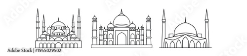 Three outlined mosque landmarks with domes and minarets shown in a simple linear style.