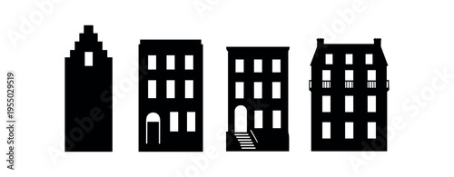 Four black narrow building silhouettes with windows, stoops and small balcony elements in a row.
