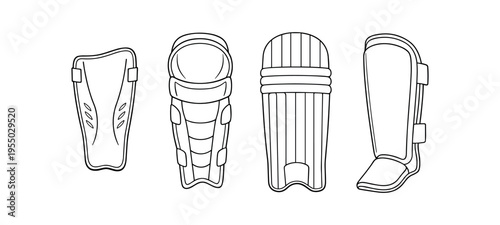 Four different outline shin guard and leg pad illustrations arranged side by side on a white background.
