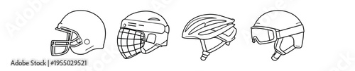 Four black outline helmet icons including football, hockey, bicycle, and ski helmet styles.