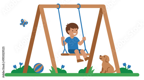 Cute little boy on swing with puppy and ball in green park playground