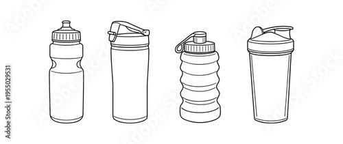Four outlined drink containers including a sports bottle, screw top bottle, collapsible bottle and protein shaker.