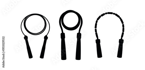 black jump rope silhouettes showing different rope and handle, flat vector illustration on a white background. Sport, healthy lifestyle, health care symbols.