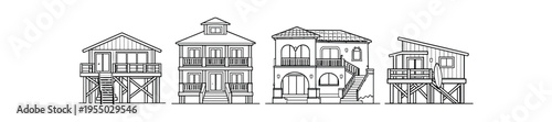Four detailed line art beach houses on stilts showing porches balconies staircases and windows.