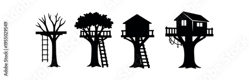 Four black treehouse silhouettes mounted on tree trunks with ladders platforms and railings.
